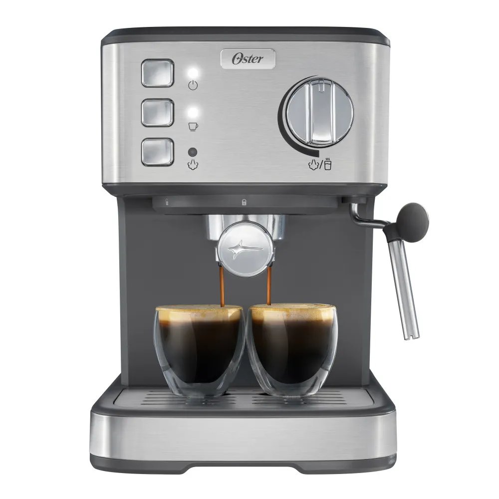 Cafetera Oster® Compacta, Prepara hasta 2 Espressos por Ciclo, 15 Bar, Tubo de Vapor para Leche Espumosa para Capuccinos y Lattes, BVSTEM5502